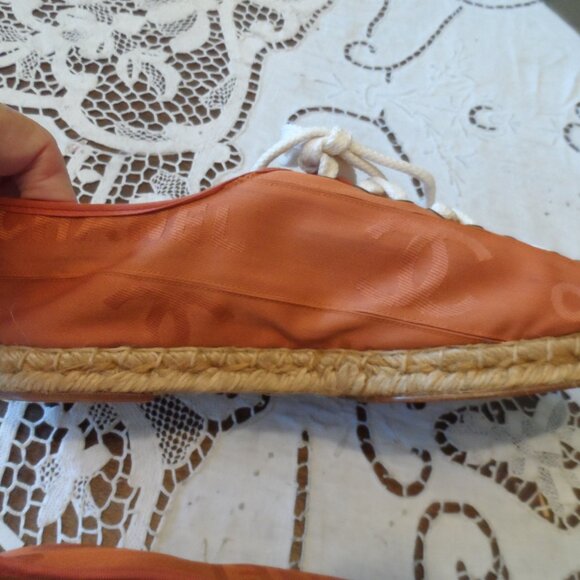 New Chanel Orange Signature Logo Canvas Lace Up Espadrilles Size 37B - Picture 8 of 16